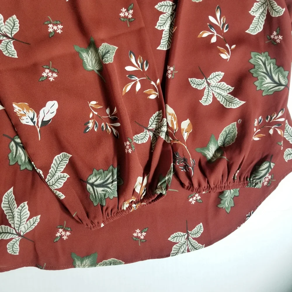 LOFT BOHO LEAF BLOUSE BURNT RED GREEN ORANGE SIZE MEDIUM - Picture 10 of 11